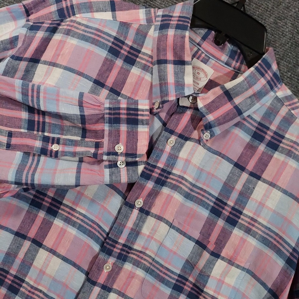 Brooks Brothers Shirt Mens XL Pink Plaid Irish Linen Madison Baird McNutt